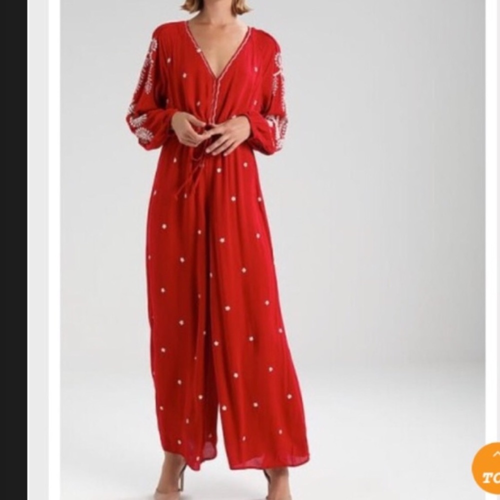 Free People boho Embroidered V Jumpsuit Red pants - Picture 4 of 4